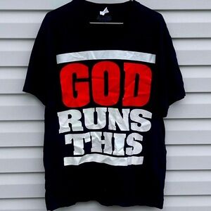 God Runs This SZ L T-shirt Solid Back Black With Red & White Prints, Novelty